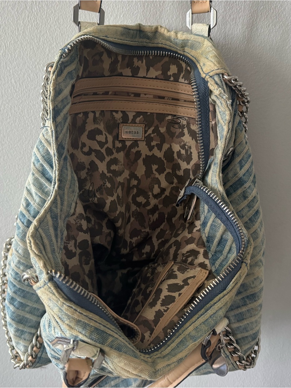 Guess Denim-Striped Light Blue Tote with Tan Handles - Picture 10 of 13